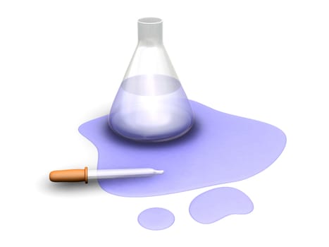 3D render of flask, pipette and spilled liquid