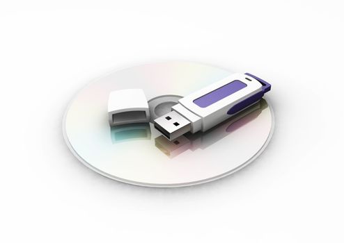 3D render of USB pen drive on CD
