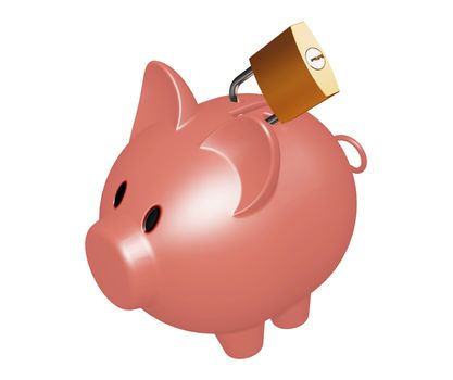 3D render of a piggy bank with a padlock 