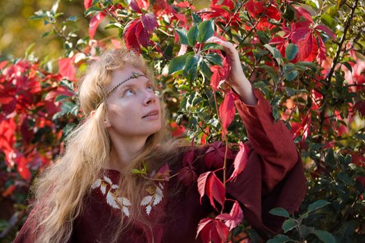 The blonde girl in medieval red dress in the autumn forest
