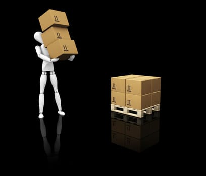 3D render of a worker stacking boxes