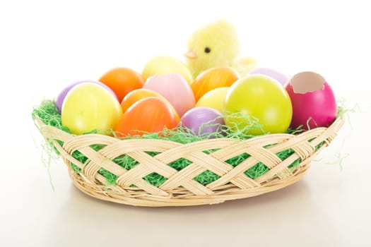 Easter eggs in a basket with chick