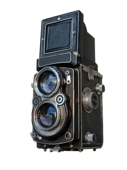 Old black Twin lens reflex camera isolated on white