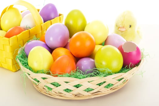 Easter eggs in baskets with chick