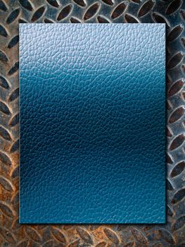 Blue leather texture on grunge steel plate floor