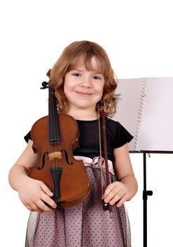 beautiful little girl with violin portrait on white 