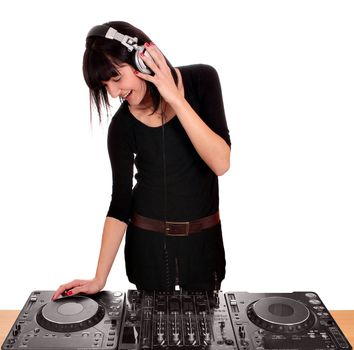 girl dj play music on turntables 