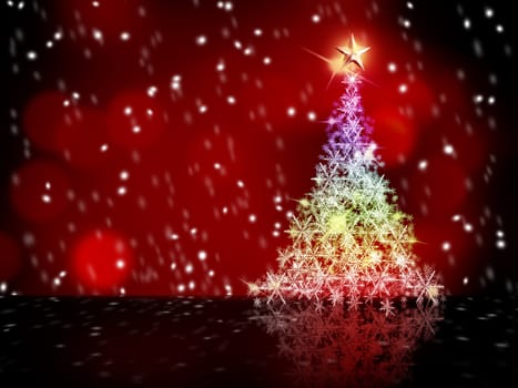 colorful snow Christmas tree gold star on top and red background