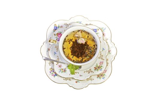 Porcelain cup of tea, top view