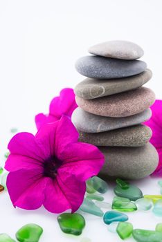 Pile of pebble Stones with purple flower