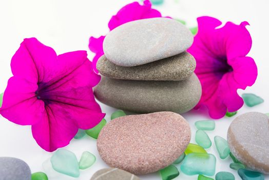 Pile of pebble Stones with purple flower