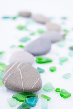 pebble stones as a zig-zag with the stained glasses