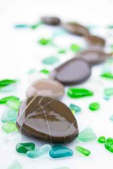 pebble stones as a zig-zag with the stained glasses