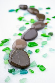 pebble stones as a zig-zag with the stained glasses
