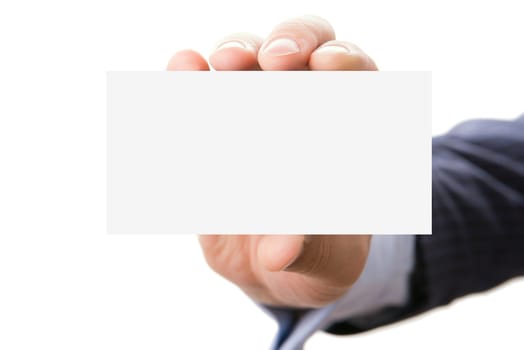 Hand holding blank card, isolated on white background