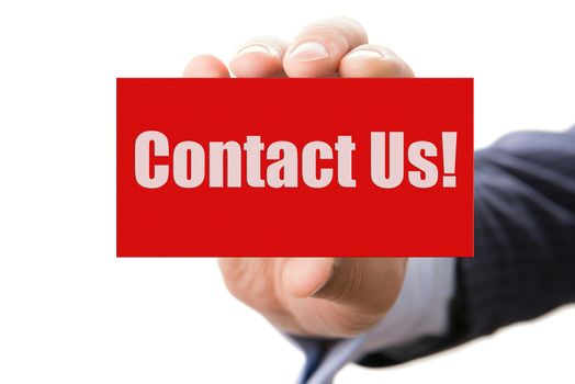 Hand holding card with inscription Contact us, isolated on white background
