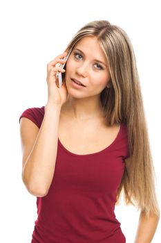 Young woman talking on the phone, on white