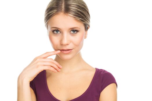 Close up portrait of a charming young woman, on white