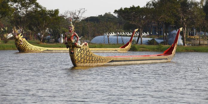 Red Garuda warship floats on the river 