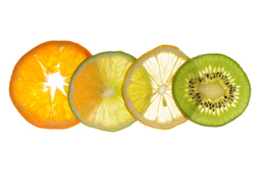 Slices of tangerine lime lemon and kiwi isolated on white background 
