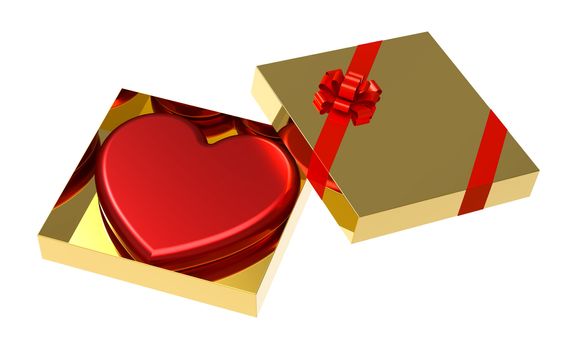 Red heart as a gift in golden box with red ribbon, isolated on white background, render