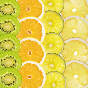 Fruity background of kiwi, orange, grapefruit and lime