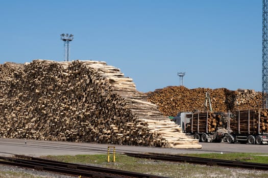 a pile of logs at the port ready for loading to ships