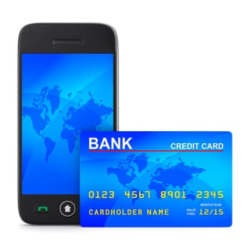 phone and credit card on white background. Isolated 3D image