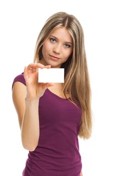Young woman showing a white card, isolated on white