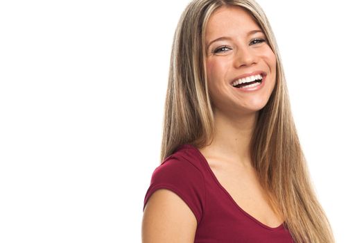 Portrait of a pretty blond young woman , on white