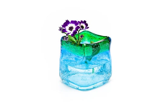Flowers in blue glass vase isolated on white