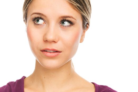 Close up portrait of a beautiful woman looking up, on white