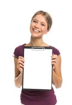 Young beautiful woman showing blank white paper, on white