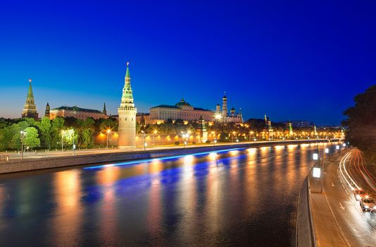 View of the Moscow Kremlin and Moskva river at night. Shot from the Big Stone Bridge.  Moscow, Russia.