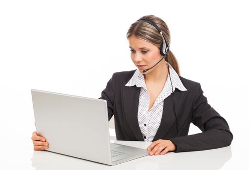 Blond girl with headphones and laptop illustrating business service, on white