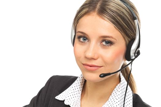 Close up portrait of a blond girl with headphones, illustrating support phone operator, on white