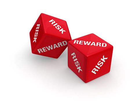 Two red dice engraved with RISK and REWARD roll on white background.