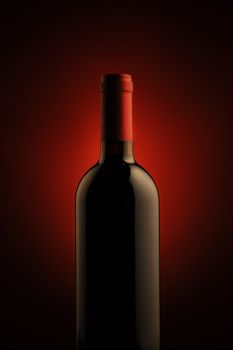 red wine bottle , red light on background