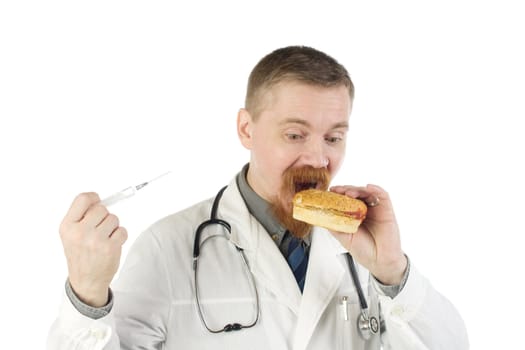 Bearded doctor isn't sure: eat the hamburger he is holding or make it an injection with a syringe