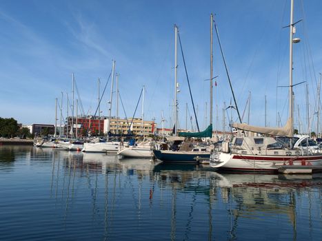 The yacht harbor full of beautiful boats on the coast of the Algarve in Portugal