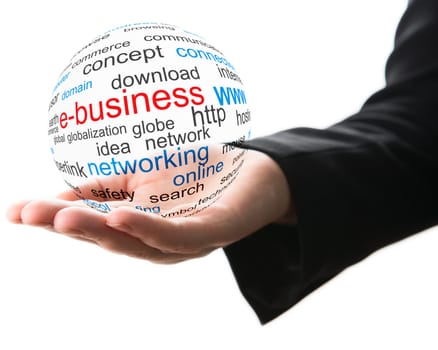 Transparent ball with word e-business in a hand