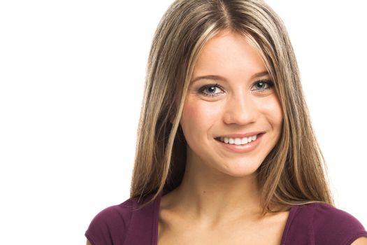 Close up portrait of a beautiful woman smiling, on white