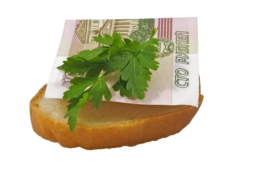 Hundred-ruble banknote on a bread piece