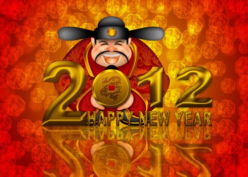 2012 Happy New Year Chinese Money Prosperity God Holding Round Gold Dragon Coin Illustration