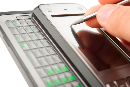 hand with stylus, touching the screen of a smartphone