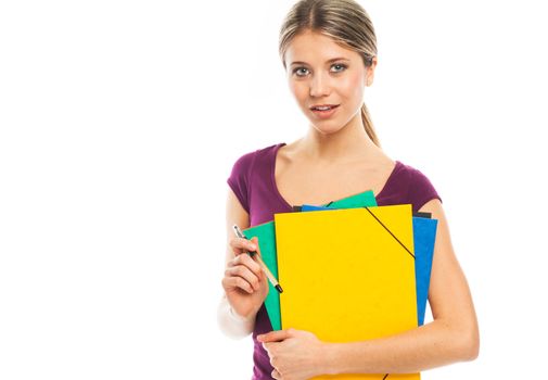 Young blond woman holding folders, illustrate student or working woman, on white