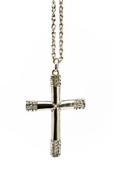 Silver christian cross with small diamonds isolated on white