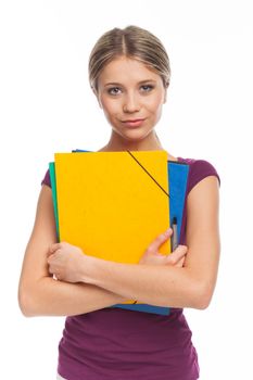 Beautiful young woman holding folders, on white