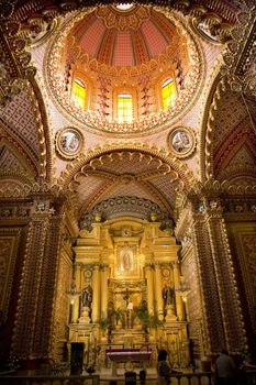 Ornate Guadalupita Church Interior Altar Cross and Dome Morelia, Mexico