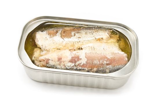 Sardines in opened tin can isolated on white